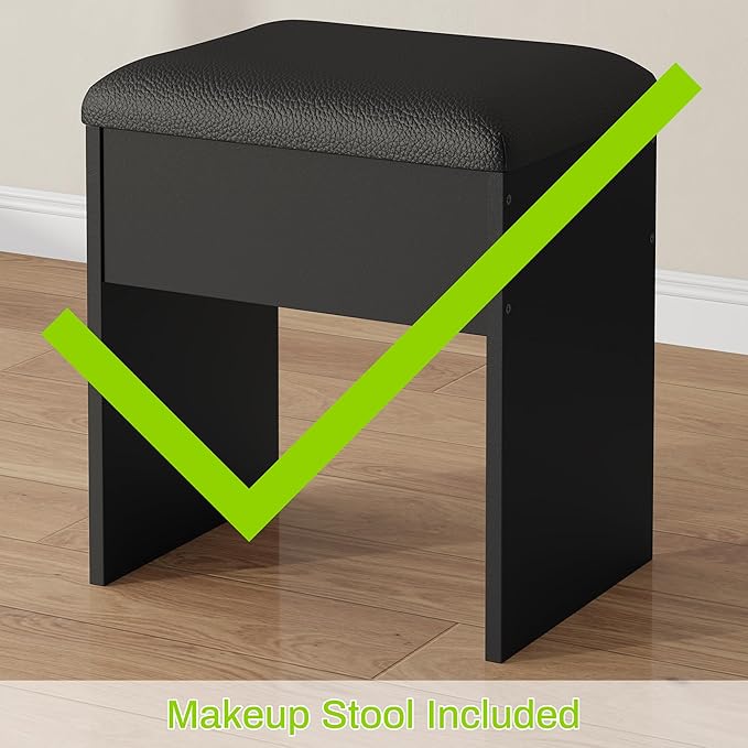ONME 47.2" Fluted Makeup Vanity Desk with Mirror and Lights, Vanity with Chair, Modern Glass Top, Drawers & Adjustable Shelves, Dressing Table Set for Bedroom or Apartment