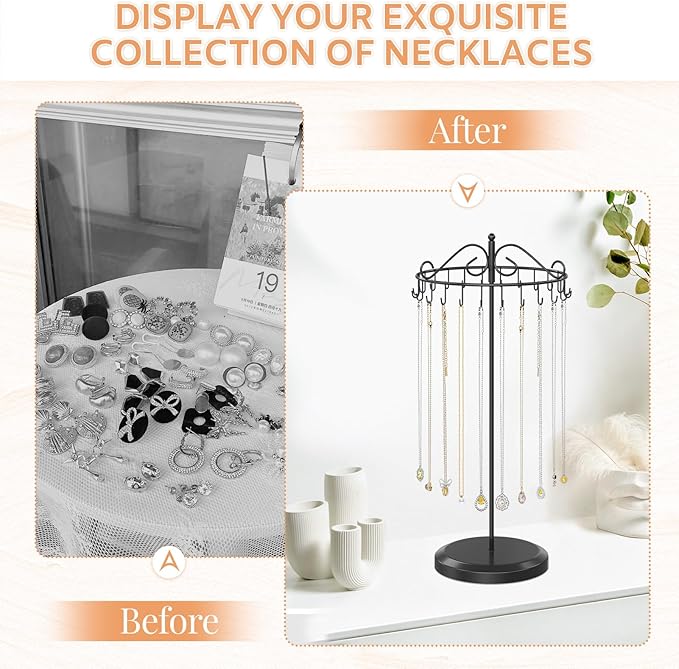 iDavosic.ly Rotating Necklace Holder Organizer with 24 Hooks, Adjustable Metal Bracelet Display Stand Rack, Extra Tall Keychain Spinning Tree Tower for Women, Black