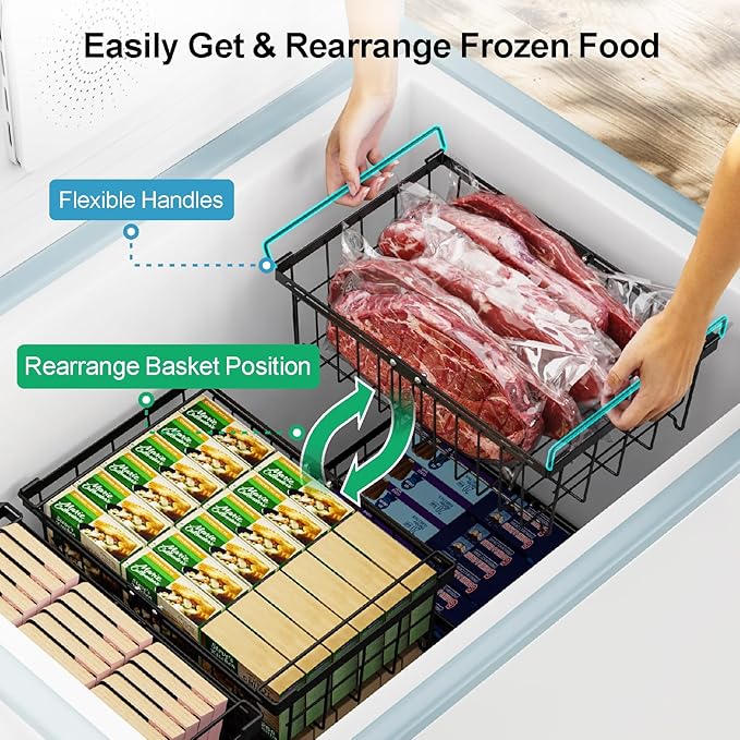 iSPECLE Freezer Organizer Bins - Fit 10 to 20 Cu.FT Chest Freezer, 4 Pack Expandable Stackable Large Deep Freezer Organizer Bins Sort Food, Easily Get Food from Bottom Better Ventilation, Black