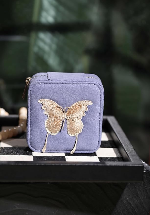 S.Leaf Travel Jewelry Organizer Boxes for Women Small Portable Necklace Earrings Bracelet Rings Travel Case Best Friend Birthday Gifts for Women Trendy (Butterfly_Lavender_Gold)