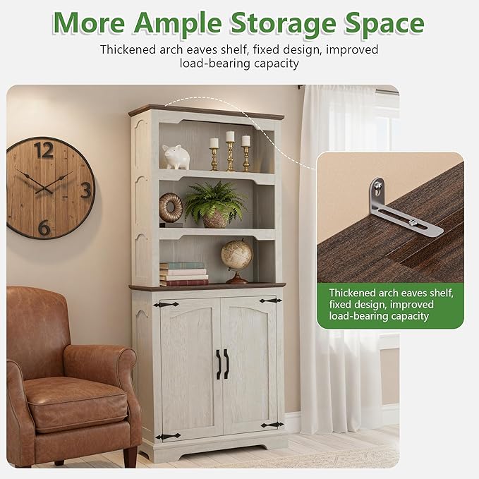 70 Inch Farmhouse Bookcase, Distressed White and Walnut Two-Tone Shelves, 5 Tier Bookshelf with Arched Trim Doors, Living Room Storage Cabinet Unit, 31.5x11.8 Inches (Off White&Walnut, Doors Storage)