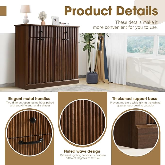 Grepatio Tilt Out Fluted Laundry Hamper Cabinet, 22 Gallon Double Hidden Laundry Hamper, Wooden Trash Can Cabinets with 2 Drawers, Modern Garbage Can Cabinet for Bathroom, Kitchen (Brown, Double)