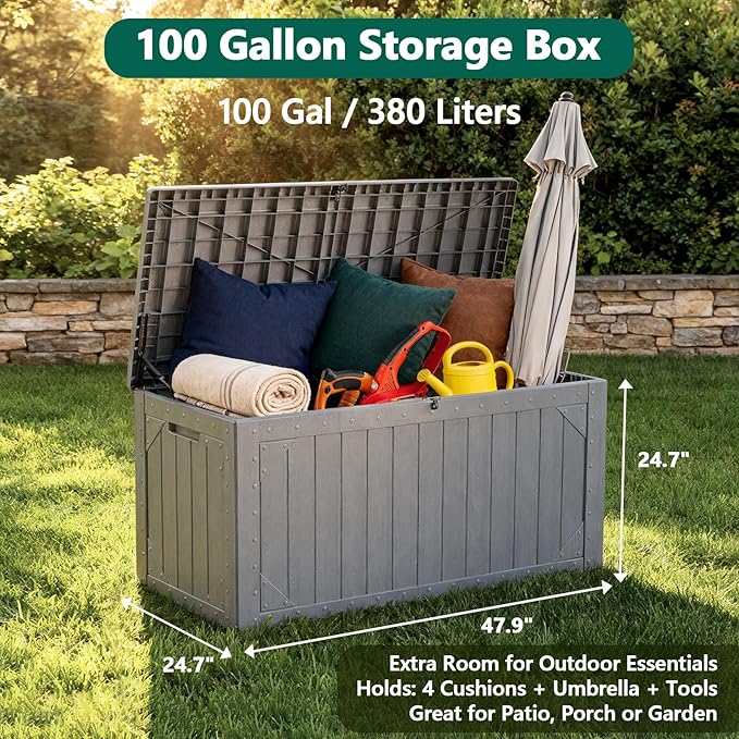 Outdoor Storage Box, 100 Gallon Deck Box Outdoor Storage Bench Outside Waterproof Resin Storage Bench, Lockable Patio Cushions, Garden Tools Storage For Furniture, UV Resistant(Gray)