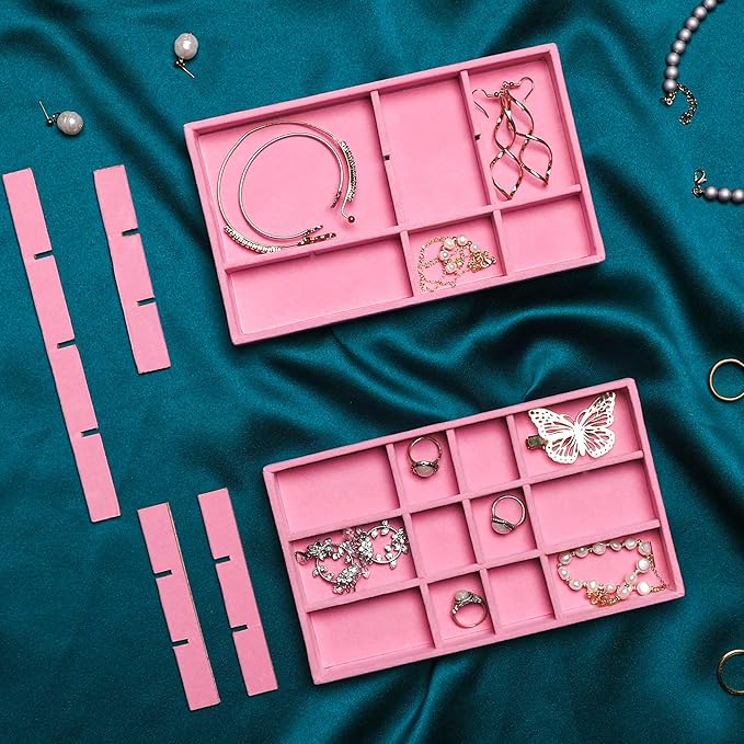 Frebeauty Jewelry Organizer Tray,Stackable Velvet Jewelry Trays,Drawer Inserts Earring Organizer For Women Jewelry Storage Display Case for Rings Stud Necklaces,8.3 x 4.9 x 1 Inches (Pink)