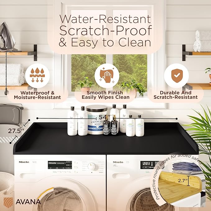 Avana (100% Natural Solid Wood Washer Dryer Countertop – Black Pine Laundry Countertop with Raised Edges, 54” x 27.5” Counter Top for Washer and Dryer, Laundry Room Organizer & Tabletop