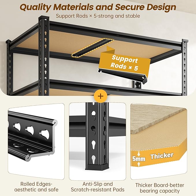 5-Tier Storage Shelves, 1980LBS Adjustable Pantry Shelves, Metal Shelving Unit for Storage, Kitchen, Pantry, Closet, Laundry, Garage, 72.06" H x 35.55" W x 15.76" D