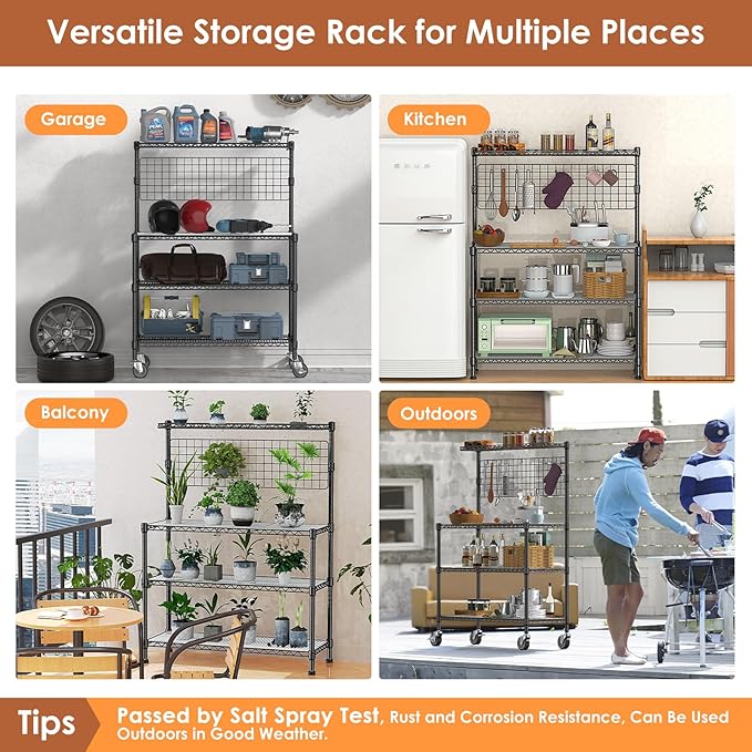 Leteuke Bakers Rack with Storage & Wheels, 42 Inch Microwave Stand Kitchen Shelves, 4-Tier Heavy Duty Storage Rack with 20 S-Hooks, Commercial Metal Utility Kitchen Cart, 42× 18× 63 Inch, Black