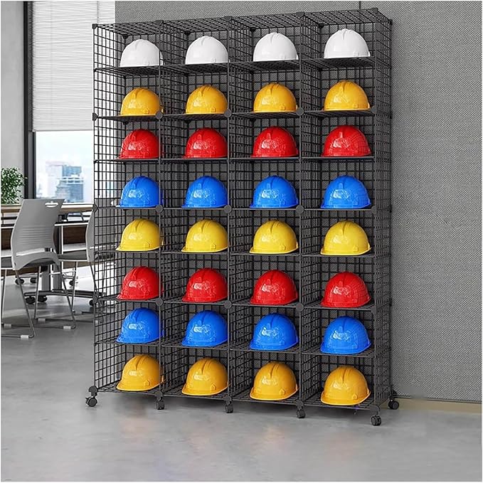 Stackable Safety Helmet Storage Boxes, Large Adjustable Hard Hat Placement Organizer Rack,with Wheels,for Construction Site/Garage/Workshop/Factory Helmet Display Shelf (Black, 32 Grids-4 * 8)