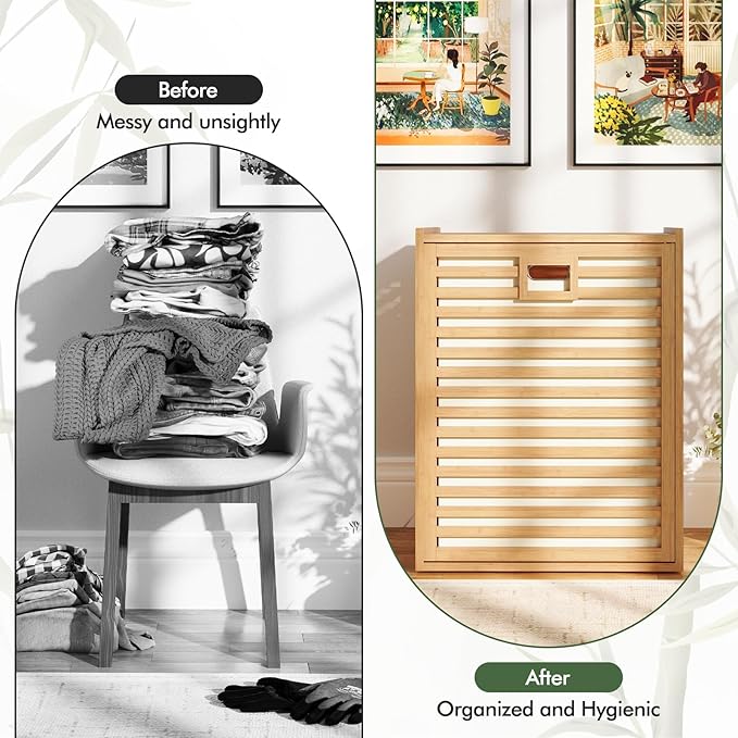 Giantex Tilt Out Laundry Hamper, Bamboo Laundry Storage Cabinet with Removable & Foldable Fabric Bin, Top Shelf, Laundry Basket Organizer for Bathroom, Laundry Room, Living Room, Bedroom, Natural