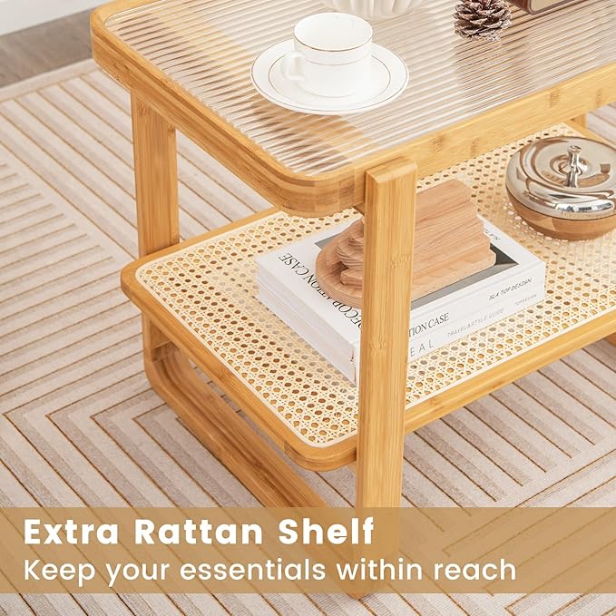 GOFLAME Bamboo Side Table with Glass Top, 2-Tier End Table with PE Rattan Storage Shelf, Home Sofa Side Table, Nightstand Bedside Table, Compact Coffee Table, Accent Table for Bedroom Living Room