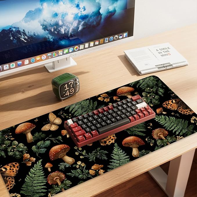 Vintage Butterfly Mushroom Mouse Pad – Large Extended Desk Mat 35.43 x 15.75 in – Dark Forest Aesthetic with Ferns & Fungi, Waterproof Surface, Non-Slip Rubber Base, Keyboard & Mouse Pad