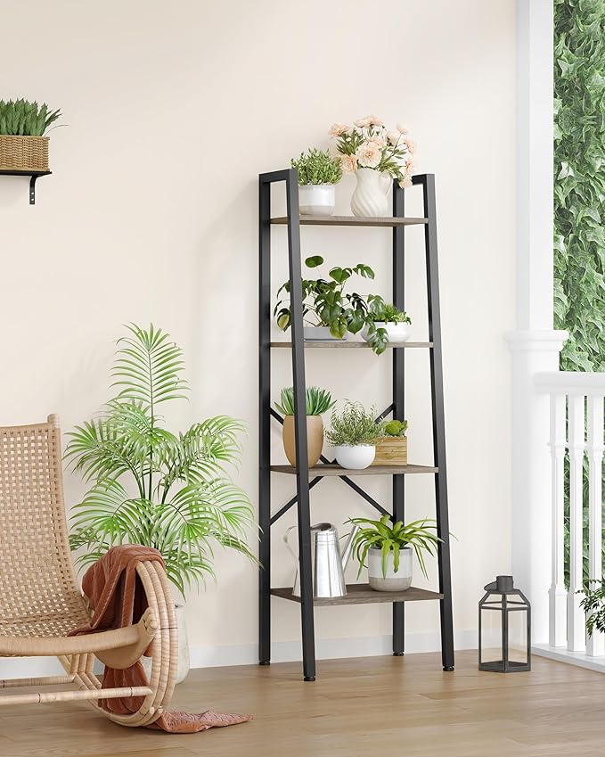 Hoctieon 4-Tier Industrial Ladder Bookshelf, Narrow Ladder Shelf, Tall Standing Bookshelf, Skinny Open Ladder Shelf, for Living Room, Home Office, Kitchen, Bedroom, Metal Frame, Greige