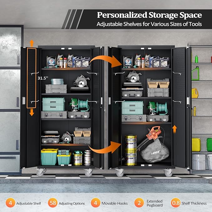 VINGLI 72'' Tall Garage Storage Cabinet, Metal Storage Cabinet with Pegboards, Wheels, Locking Doors and Adjustable Shelves (Black, 32''W x 16''D x 72''H)
