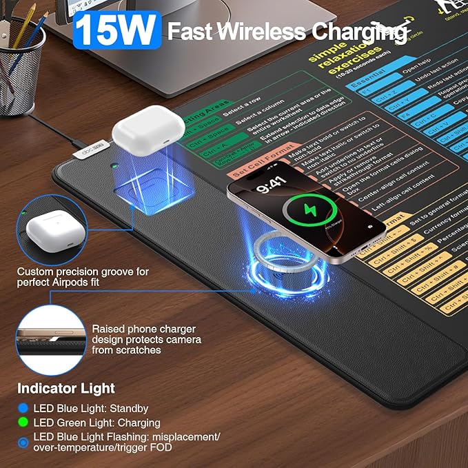 Excel Cheat Sheet Mouse Pad with Wireless Charging, 31.5"x15.8" Extended Excel Shortcuts Desk Pad, Waterproof Ultra-Smooth Keyboard Mat, Non-Slip Base