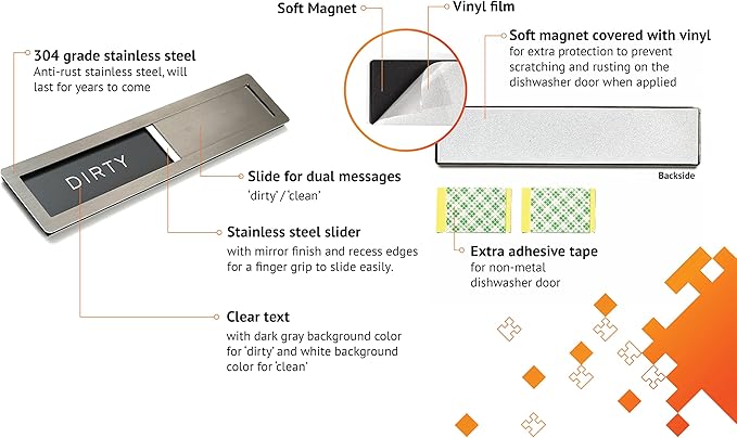 Clean dirty magnet for dishwasher, Kubik Letters Premium Stainless Steel Grade 304, Kitchen Organizers and Storage Decor Accessories, Extra Adhesive Tapes Included.