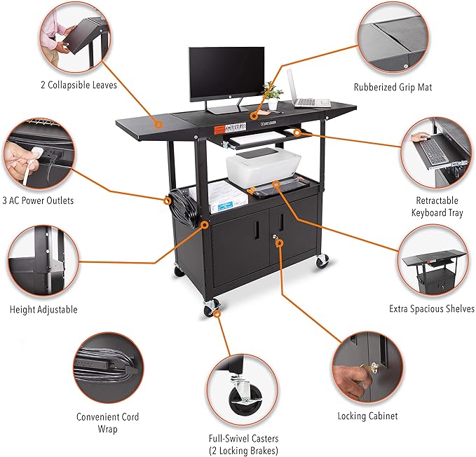 Line Leader Large AV Cart with Locking Cabinet & Drop Leaves, Rolling Height Adjustable Utility Cart with Pullout Laptop Keyboard Tray & Cord Management, Narrow Mobile Workstation (Black, 54 x 18)