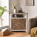Boho Corner Cabinet, Narrow Organizer with Carved Floral Doors, Storage Cabinet with Adjustable Shelf and Open Storage, White & Natural Wood Finish for Living Room, Kitchen, or Bathroom