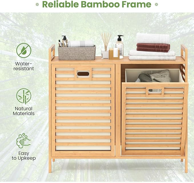 Giantex Tilt Out Laundry Hamper, 20 Gal Bamboo Laundry Storage Cabinet with 2 Removable & Foldable Fabric Bins, Top Shelf, Pull Out Laundry Basket Organizer for Bathroom, Living Room, Bedroom