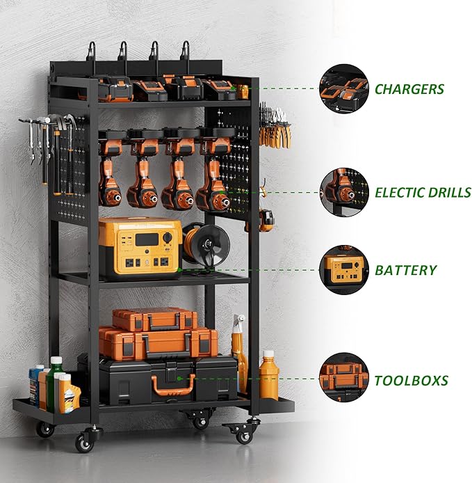 Power Tool Organizer Rolling Cart with Charging Station, Garage Floor Stand Rolling Tool Storage Rack with Charging Power Strip, Garage Storage Heavy Duty Utility Shelf with Wheels