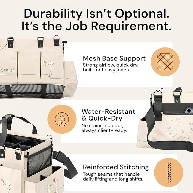 FifthStart Multiuse Cleaning Caddy with Waist & Shoulder Strap,9 Pockets Professional Bag, Mesh Base & Adjustable Compartments - Beige Large Organizer with Handle - Cleaning Caddy Bag (Beige, Large)