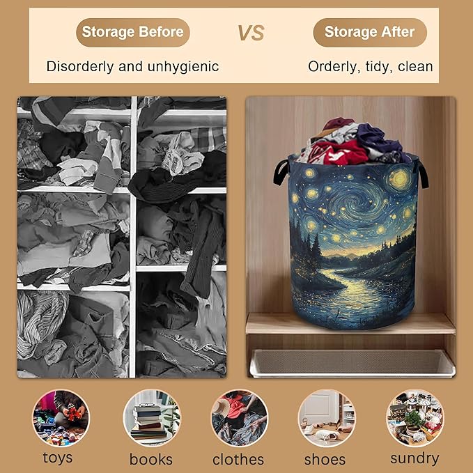 Night Sky Laundry Hamper,Collapsible Laundry Baskets,Stream Fireflies Dirty Clothes Baskets with Handles,Oxford Cloth Hamper for Bedroom,Bathroom,College Dorms, 16"x20"