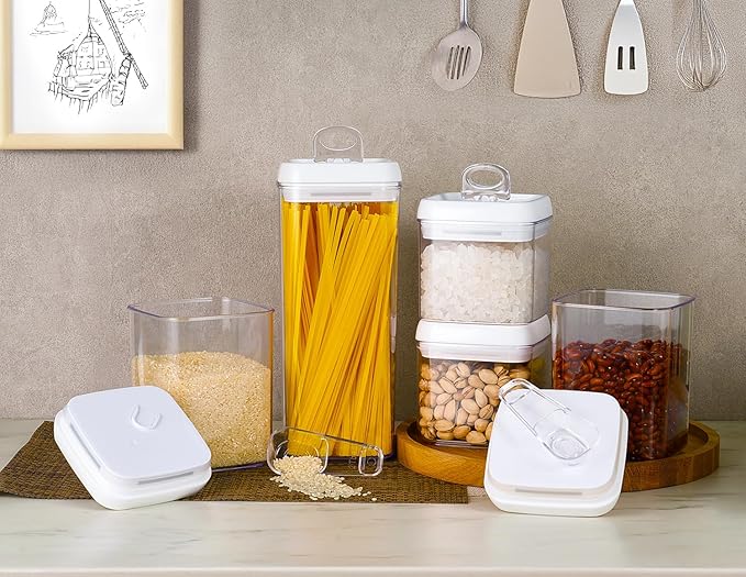 Felli Flip Tite Food Storage Container 5" LARGE 5pk Set + No Residue Label, Airtight Lid Easy Lock Top Stackable, Plastic Canister Jar for Pantry Kitchen Fridge Organizer Pasta Protein Powder Spice