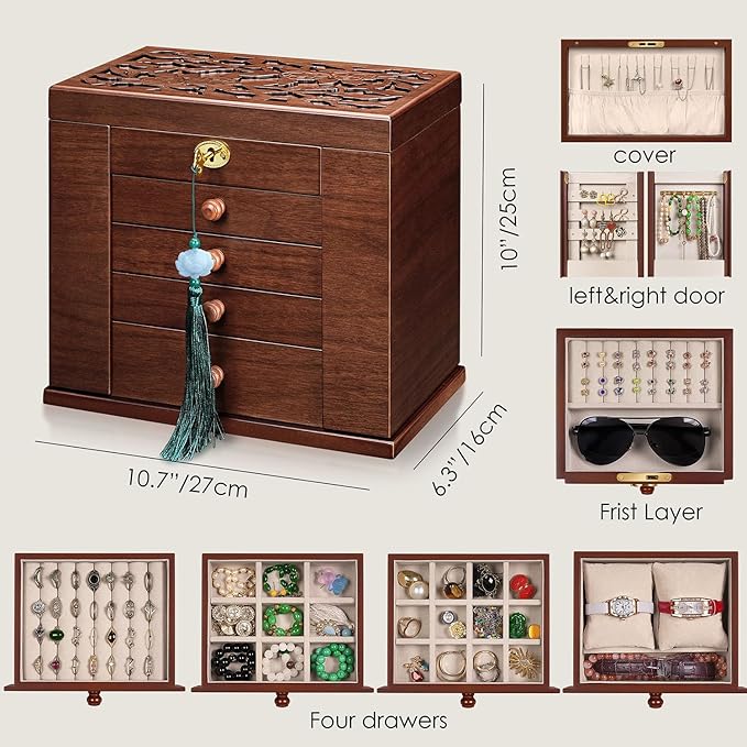 wooden Jewelry Box and Organizer - 8-Layer Lockable Wooden Jewelry Boxes for Women - Large Jewelry Boxes and Organizer with Key,Gift for Wife,dresser top jewelry box with lock