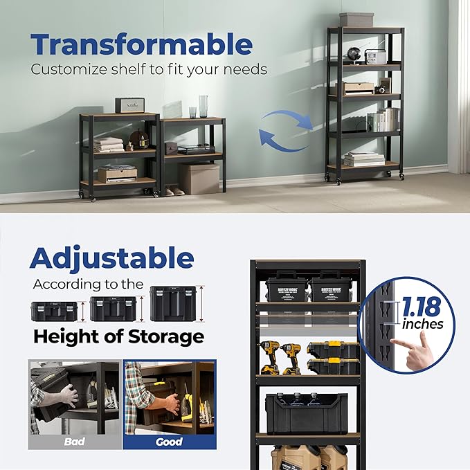 HOMEDANT House 5-Tier Metal Rolling Cart Shelf Rack Casters Heavy Duty Wheel Shelving Unit Adjustable Utility Storage Shelves Organizer Shelf Kitchen Garage 24.4" W x 16.5" D x 62.2" H 10Pack