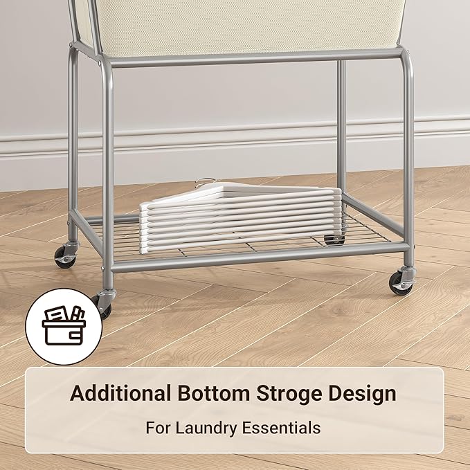 ELYKEN Laundry Cart with Wheels, Rolling Laundry Hamper with Removable Bag and Shelf, Metal Frame Laundry Basket with 4 Casters and 2 Brakes, Ideal for Bedroom, Bathroom, Laundry Room, Cream