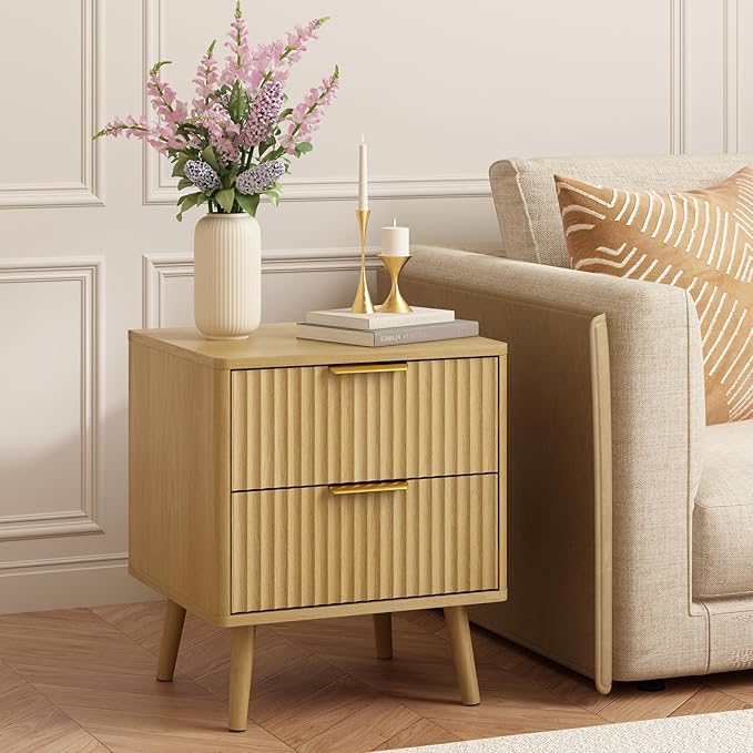CARPETNAL Fluted Nightstand Set of 2, Oak Bedside Table with 2 Drawers and Gold Handles, Wood End Table Mid Century Night Stands for Bedroom Living Room