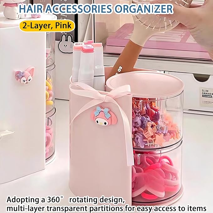 Hair Accessories Organizer with Hair Brush Holder, Rotatable Makeup Brush Holder for Necklaces, Earring, Bracelet, Ring, Makeup Brushes, Hair Clip and Hair Accessories (Pink, 2-Layer)