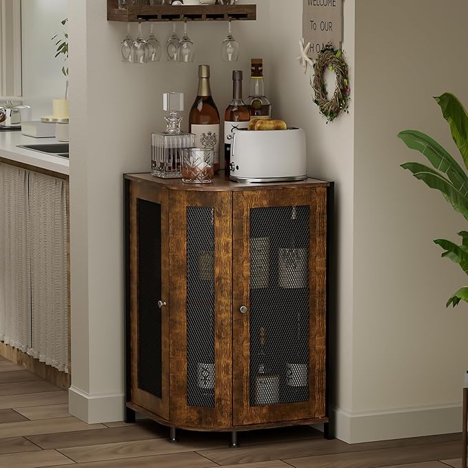 JKsmart Corner Storage Cabinet with Open Shelf, 3-Tier Industrial Wine Bar Shelf with Door, Industrial Corner Cabinet for Kitchen, Living Room, Dining Room, Rustic Brown