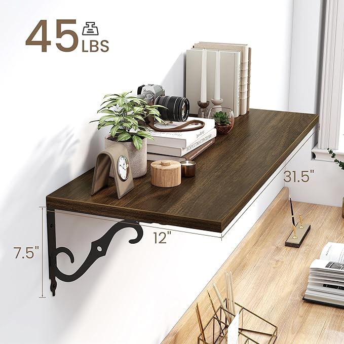 Deep Floating Shelves for Wall, 32"W x 12"D Wall Shelves, 12 Inch Deep Floating Shelf with Bracket, 32 Inch Floating Shelves Set of 2, Rustic Shelves for Living Room, Bathroom and Kitchen, Walnut