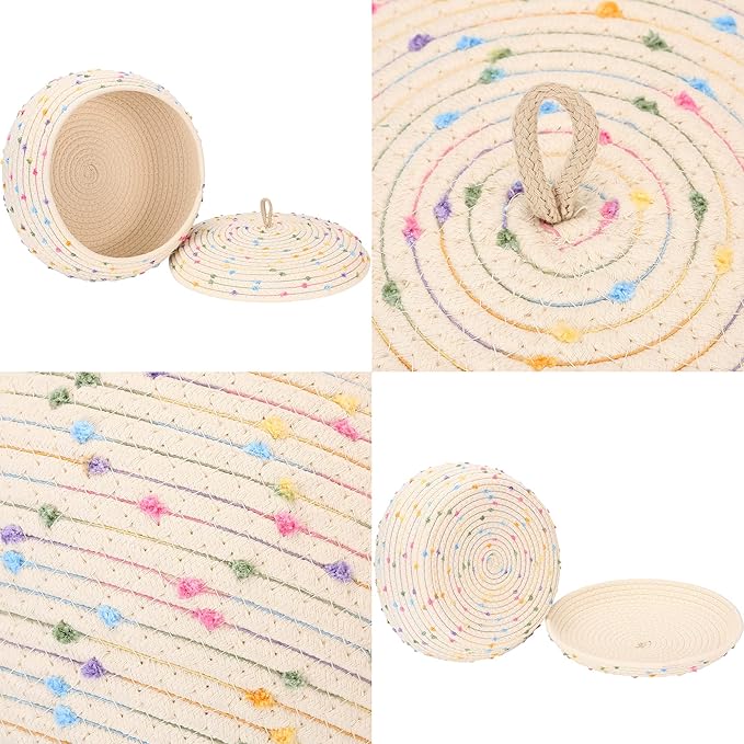 Sea Team Round Cotton Rope Storage Basket with Lid, Colorful Rainbow Pompom Woven Storage Bin, Pot, Caddy, Organizer, Container for Snacks, Towels, Plants, 13 x 5.5 Inches (Large, Shallow, Rainbow)