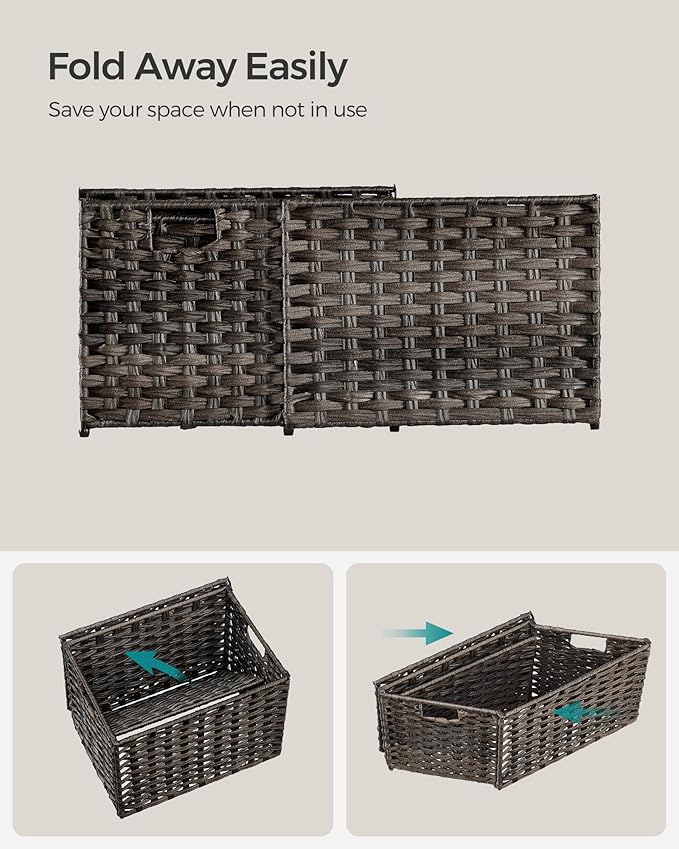 SONGMICS Storage Basket with Lid, 9.2 Gallon (35L) Storage Bin, Woven Blanket Storage Basket with Handles, Foldable, Removable Liner, Metal Frame, for Bedroom, Laundry Room, Brown URST040K01