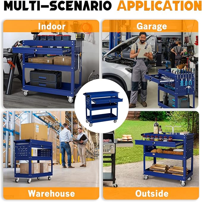 3 Tier Tool Cart on Wheels with Drawers - Three Tier Rolling Cart with Lockable Storage - Mechanic Tool Chest - Tool Chest with Wheels Used in Garage, Indoors, Workshop (Blue)