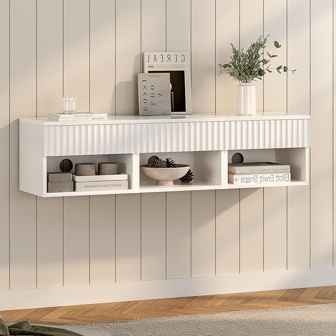 Floating TV Stands Set of 4 with Drawer and Open Shelf, Small Wall Mounted Bedside End Table, Modern Fluted Night Stand for Bedroom, Living Room, White