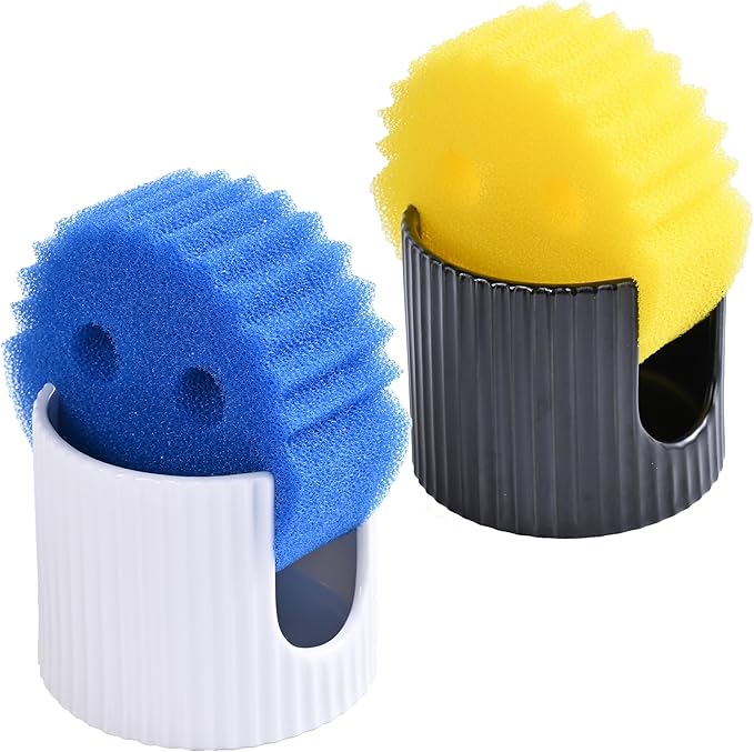 Kitchen Sponge Holder,3 inch heigh Ceramic Sponge Holder for Kitchen Sink Countertop,Space-Saving Multi-Functional Dish Sponge Rack and Bathroom Organizer Accessories,White and Black Suits