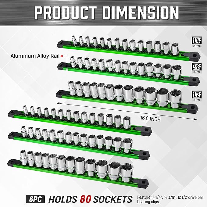 ALOANES 6-Piece Magnetic Socket Organizer, Heavy Duty Aluminum Socket Rails Organizer, 360° Swivel Clips Socket Holder Kit for Tool Box, 1/2, 3/8, 1/4-Inch Socket Holder x 80 Clips (Green)