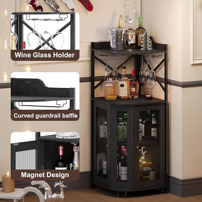 JKsmart Corner Bar Cabinet with Glass Holder, 4-Tier Industrial Wine Bar Cabinet with Door, Liquor Cabinet Bar for Home, Farmhouse Corner Storage Cabinet with Shelf for Coffee Bar, Black