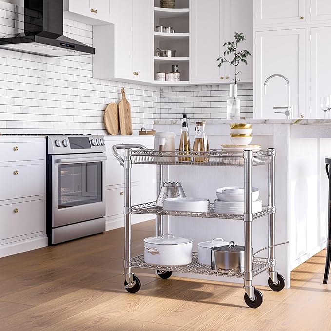 Seville Classics UltraDurable NSF Commercial Heavy Duty Metal Rolling Utility Cart, Handle Bar for Restaurant, Garage, Warehouse, Kitchen, Office, Deep Top Basket (34.8"W x 18.25"D)
