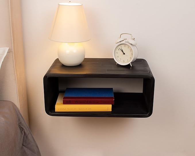 Floating Nightstand Wooden, Bedside Table, Nightstand Shelf, Handmade, Wall Mounted Bedside Shelf, Minimalist and Unique Style (Black)