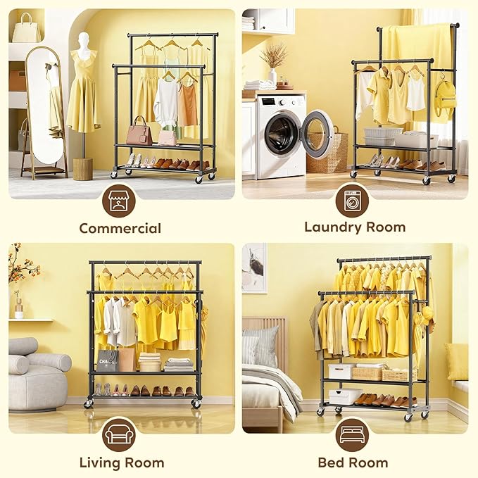 Double Rod Clothing Rack Heavy Duty with Oxford and Mesh Bottom Shelves, Garment Racks for Hanging Clothes, Portable Wardrobe Rack, Metal Clothes Rack Sturdy Coat Rack for Bedroom Laundry Living Room
