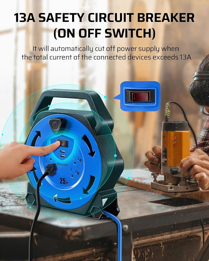 DEWENWILS Cord Reel with 4 Power Outlets, 2-USB Ports(3.4A Fast Charge), 25FT Retractable Extension Cord Reel, Heavy Duty SJTW 16/3 Cable, 13A Circuit Breaker, Hand Wind, UL Listed
