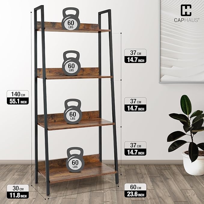 CAPHAUS 4 Tier Ladder Bookshelf, 24 Inch Width Free Standing Shelf, Bookcase Shelf Storage Rack Organizer, Industrial Book Shelves for Home Office, Living Room, Kitchen, Rustic Oak, Vintage Shelves