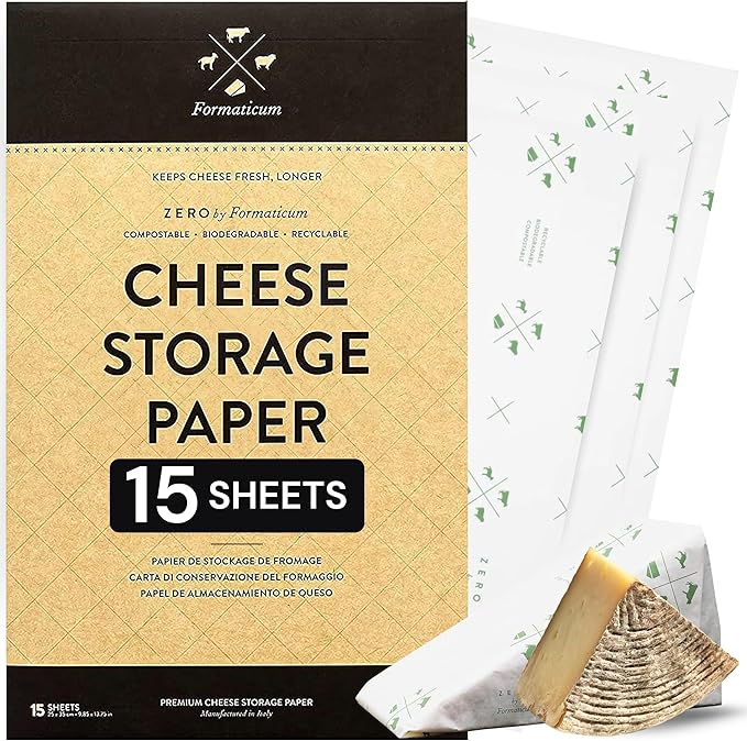 Formaticum 15-Pack Zero Cheese Storage Paper, Compostable, Biodegradable, and Plastic-Free Paper to Keep Cheese and Charcuterie Fresh, Kitchen Organization 9 x 13 Inches