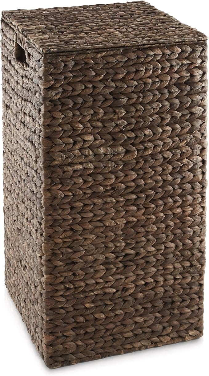 Casafield Laundry Hamper with Lid and Removable Liner Bag - Espresso Dark Brown, Woven Water Hyacinth Square Laundry Basket Sorter for Clothes, Towels