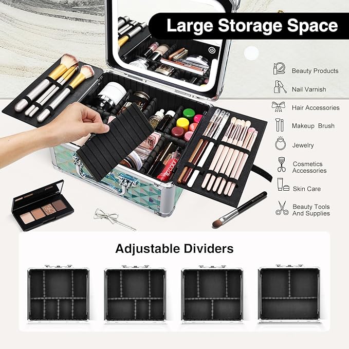 Makeup Case with Magnetic LED Mirror Travel Cosmetic Organizer Portable Makeup Box with Lighted Up Mirror Make Up Vanity Nail Box Lipstick Artist Storage with Lockable Dividers Brush Holder Shiny Blue