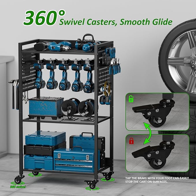 Power Tool Organizer Cart, Rolling Tool Drills Holders Storage Rack on Wheels, 38 inch Black Utility Cart for Garage Workbench, Warehouse, Gift for Husband