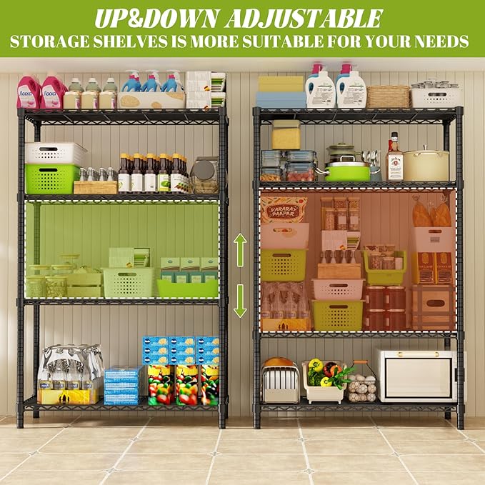 Storage Shelves Heavy Duty, 36" L x 14" W x 54" H Garage Wire Shelving Unit Loads 1400LBS, 4-Tier Adjustable Metal Industrial Utility Shelf Rack for Kitchen, Laundry Room, Pantry, Warehouse, Basement